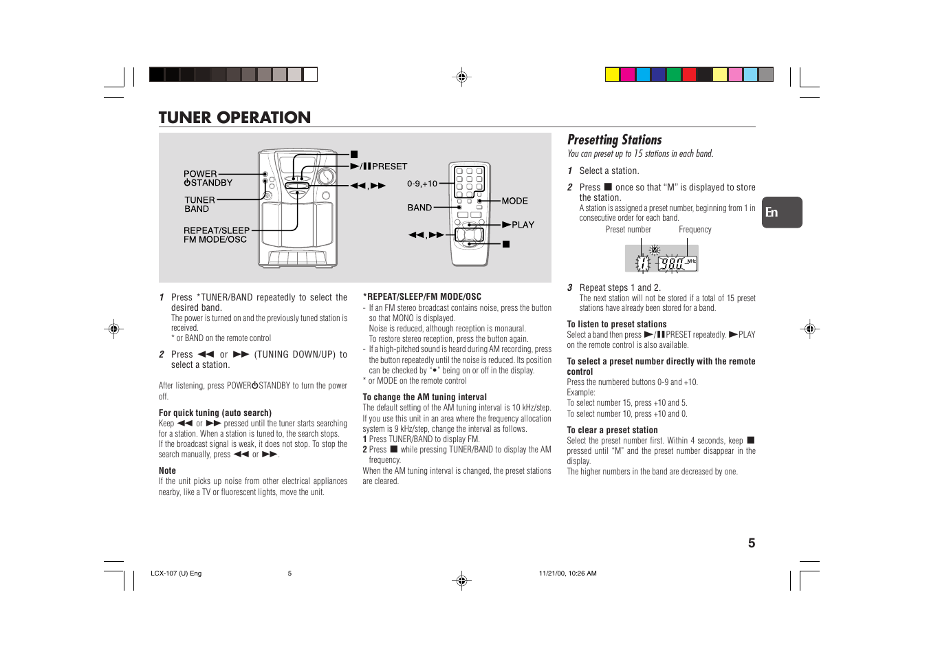 Tuner operation, Presetting stations | Aiwa LCX-107 User Manual | Page 5 / 26