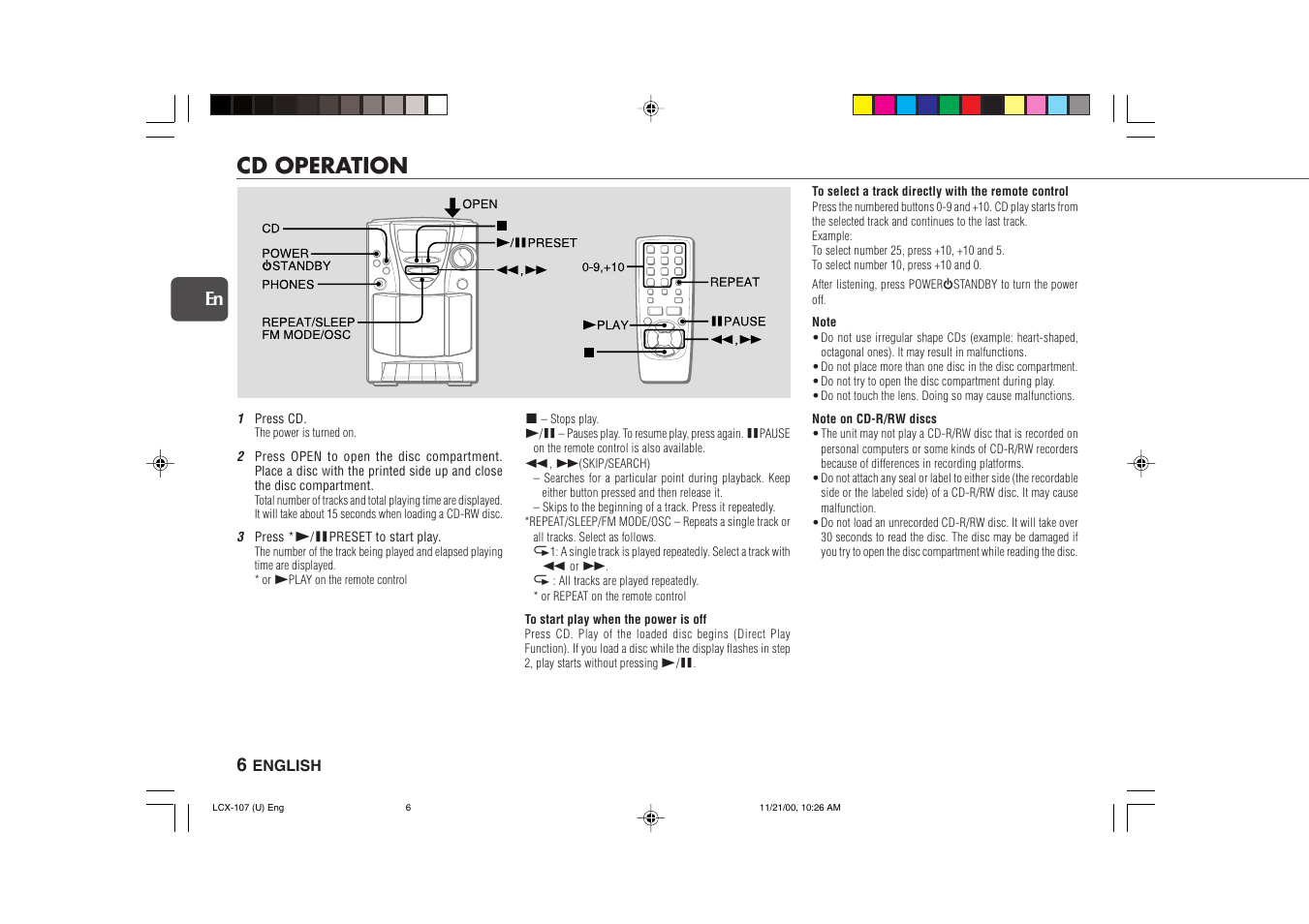 Cd operation | Aiwa LCX-107 User Manual | Page 6 / 26