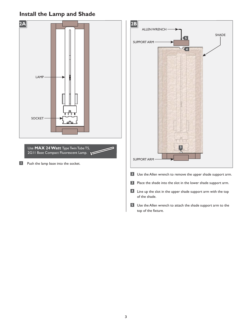 Install the lamp and shade, 2b 2a | LBL Lighting Omni w/Cover Medium CF User Manual | Page 3 / 4