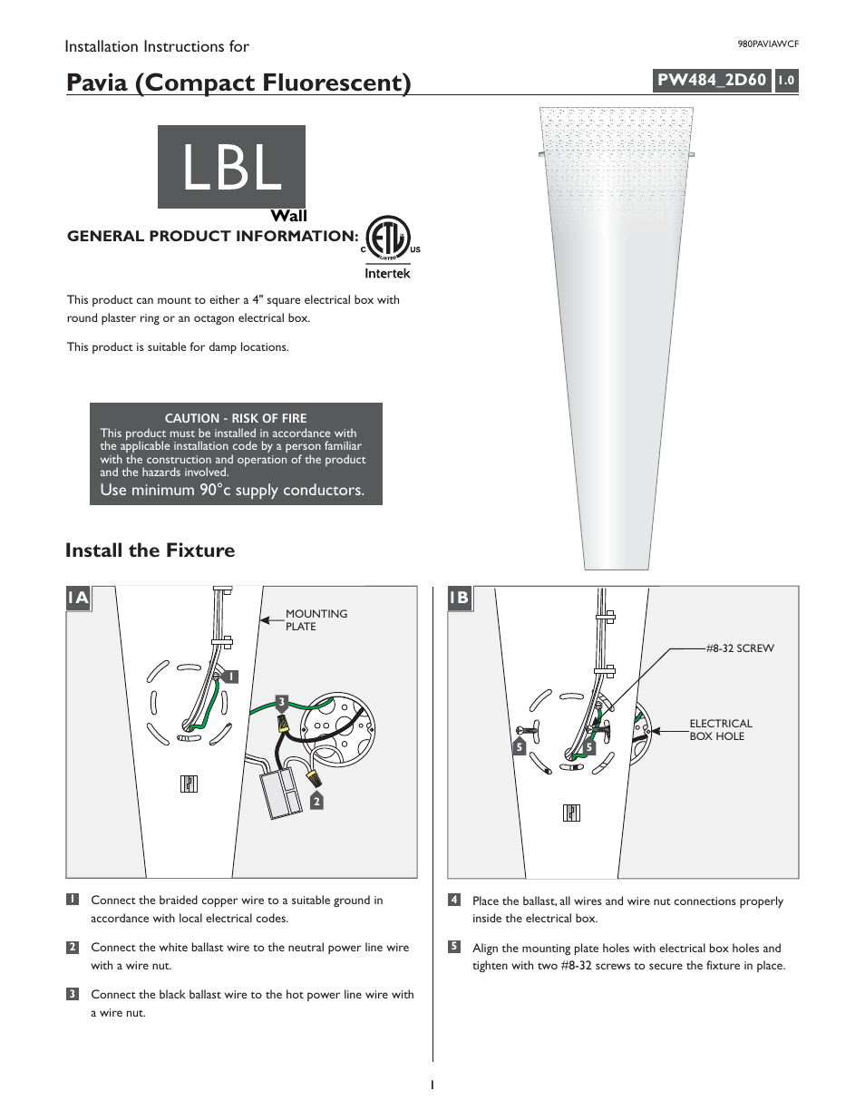 LBL Lighting Pavia WCF User Manual | 2 pages