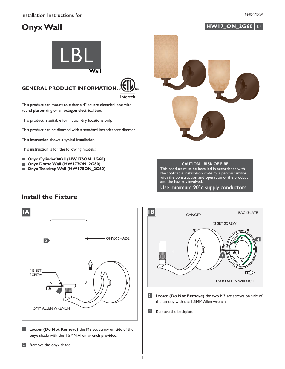 LBL Lighting Onyx Teardrop User Manual | 4 pages