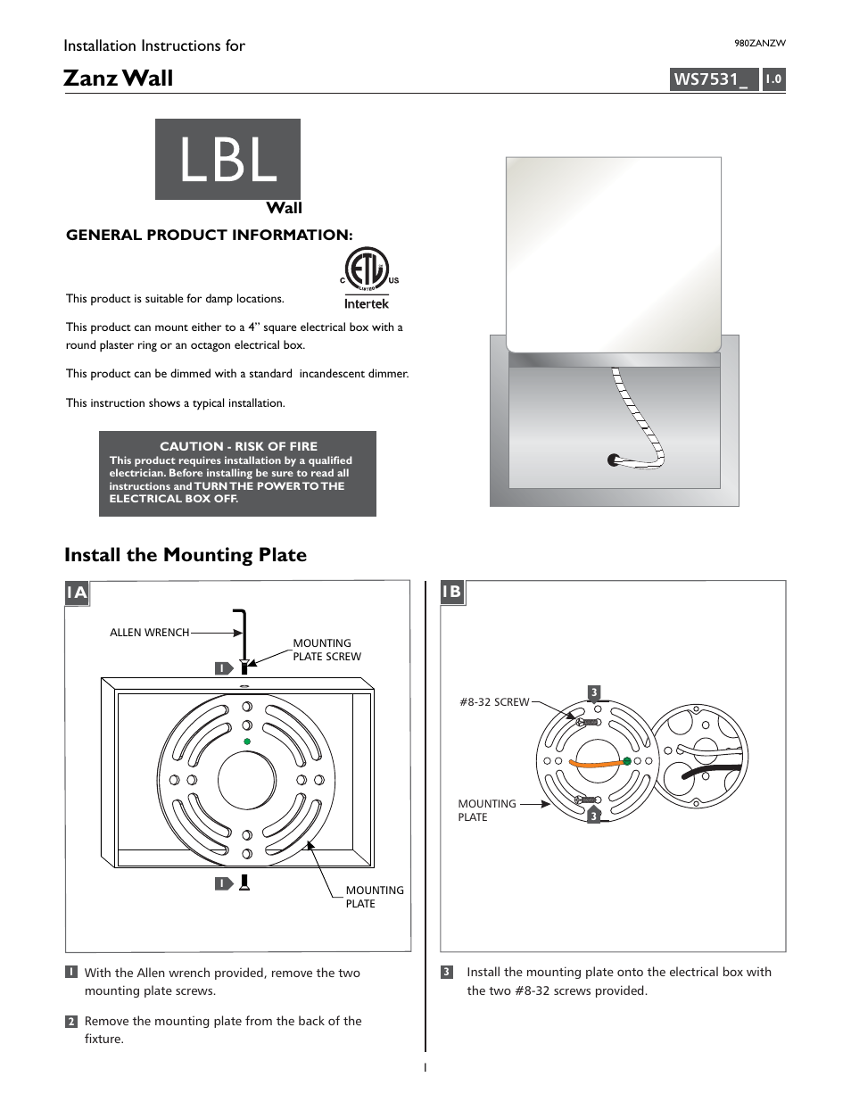 LBL Lighting Zanz User Manual | 4 pages