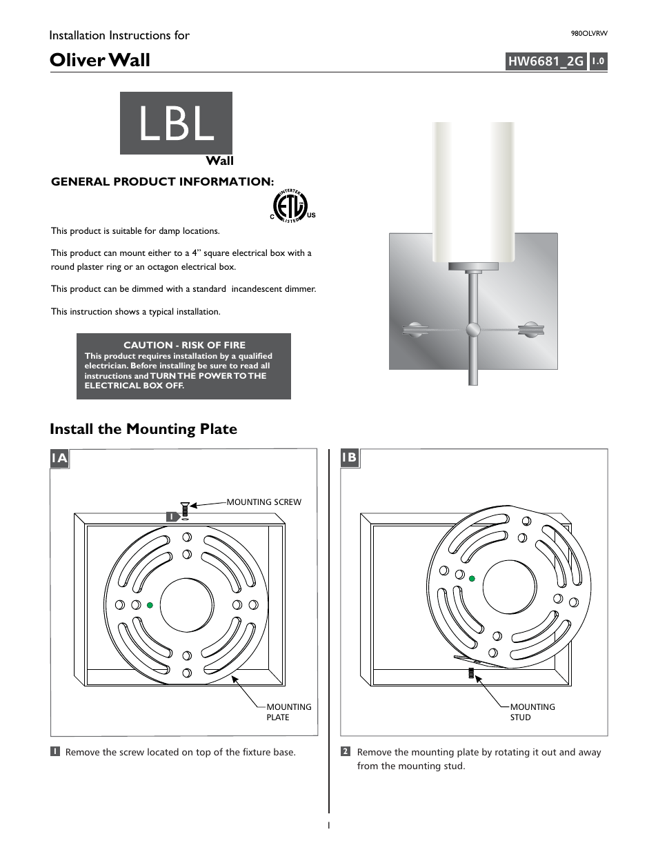 LBL Lighting Oliver User Manual | 4 pages