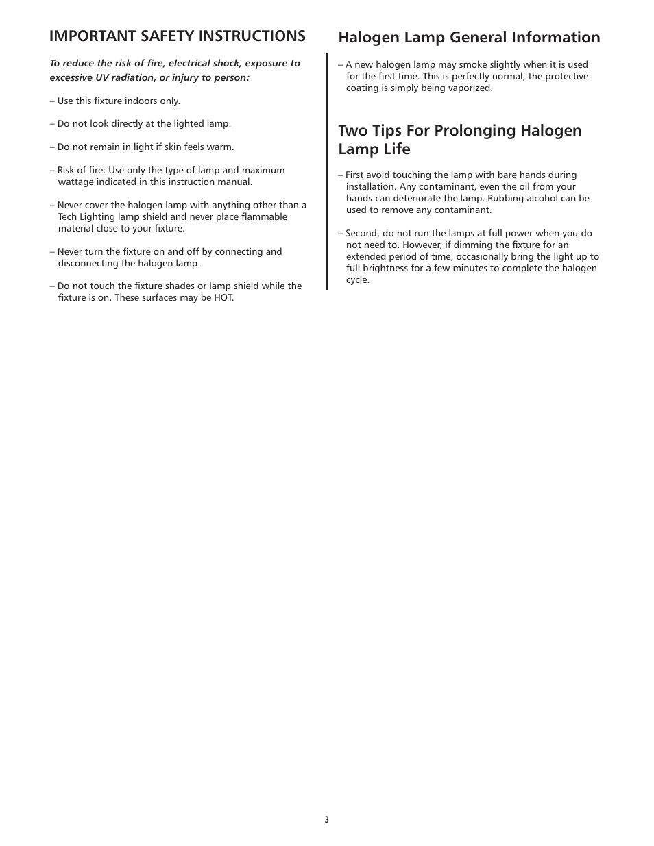 Important safety instructions, Halogen lamp general information, Two tips for prolonging halogen lamp life | LBL Lighting Oliver User Manual | Page 3 / 4