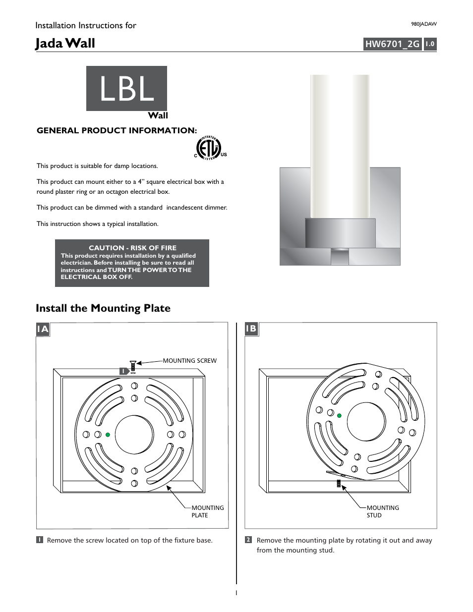 LBL Lighting Jada User Manual | 4 pages