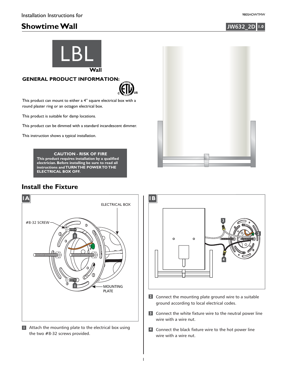 LBL Lighting Showtime W User Manual | 4 pages