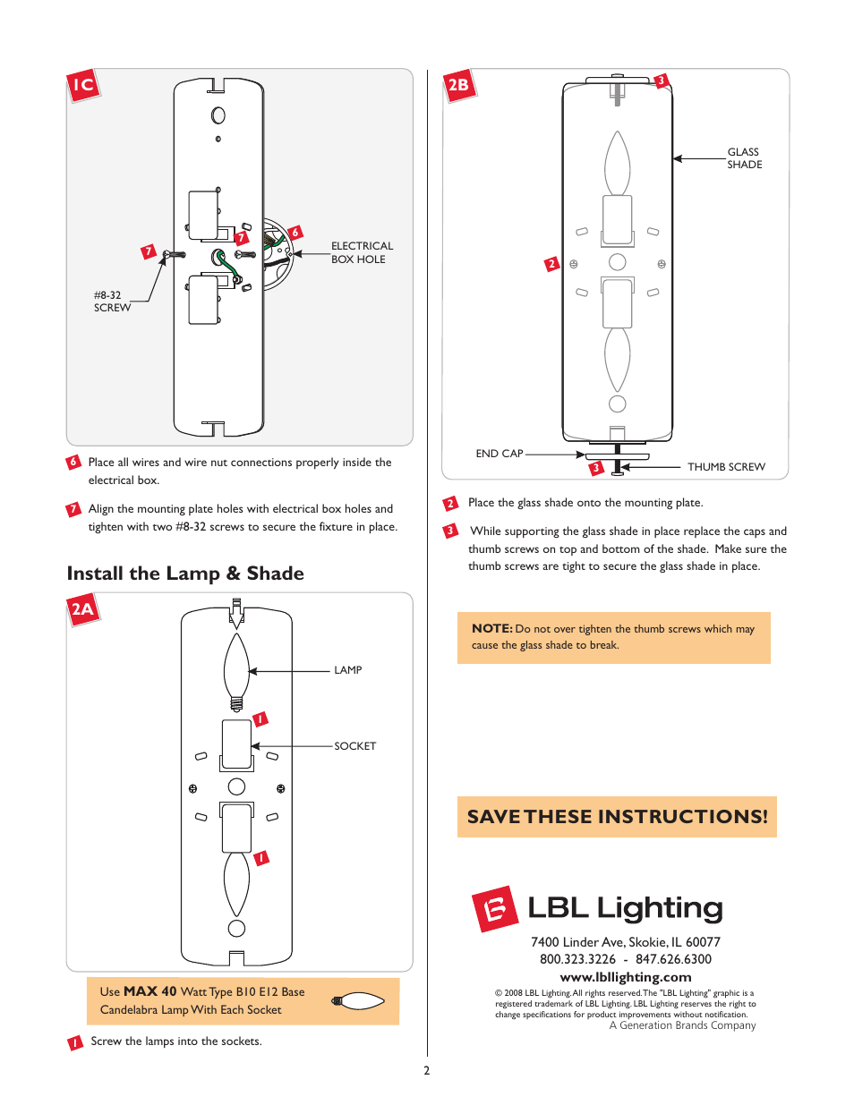 Install the lamp & shade, Save these instructions | LBL Lighting Aliseo Wall User Manual | Page 2 / 2