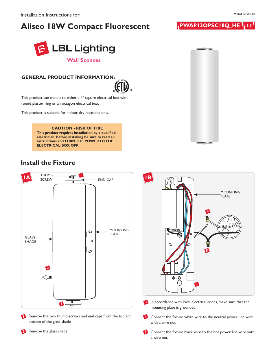 LBL Lighting Aliseo Wall CF User Manual | 2 pages