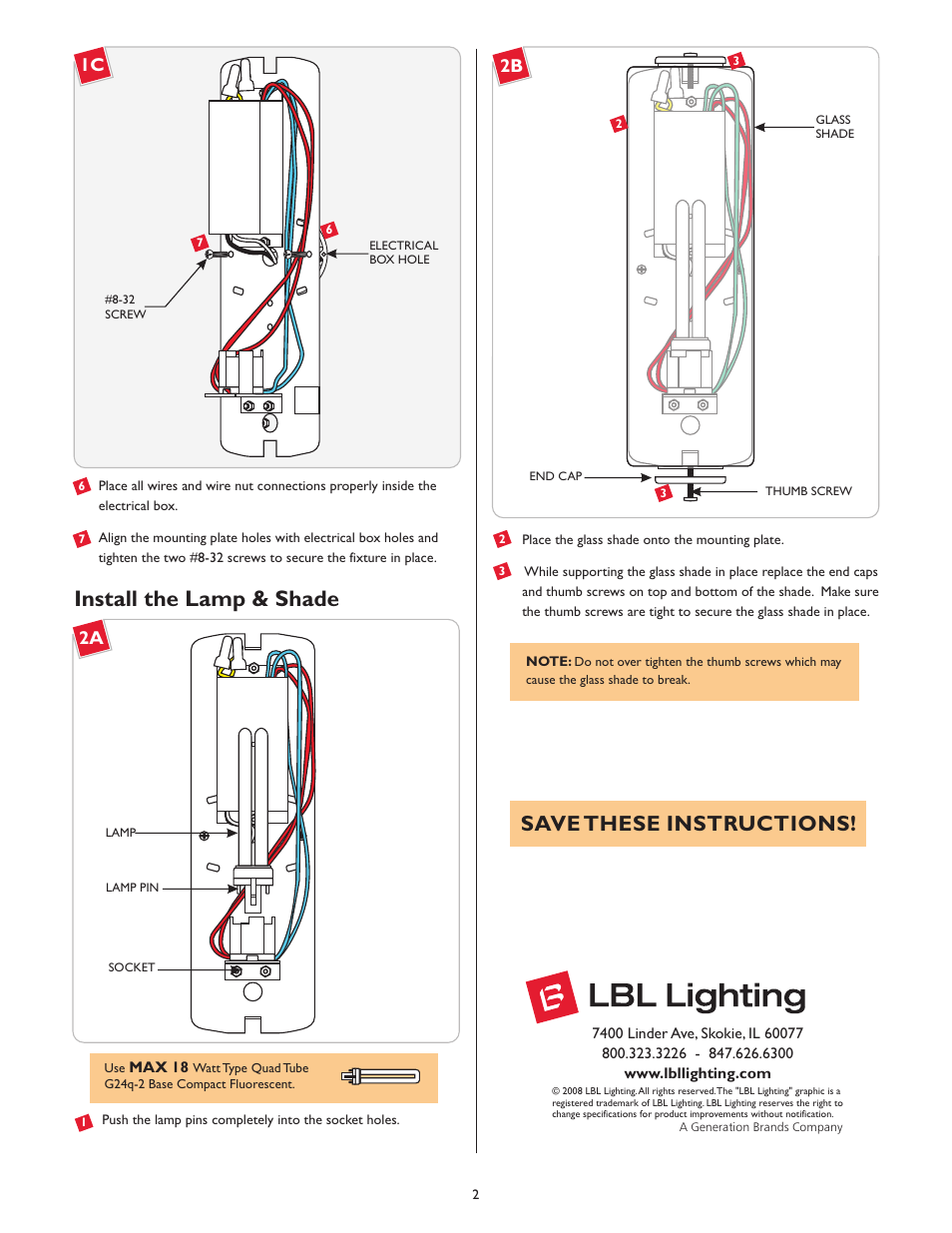 Install the lamp & shade, Save these instructions | LBL Lighting Aliseo Wall CF User Manual | Page 2 / 2