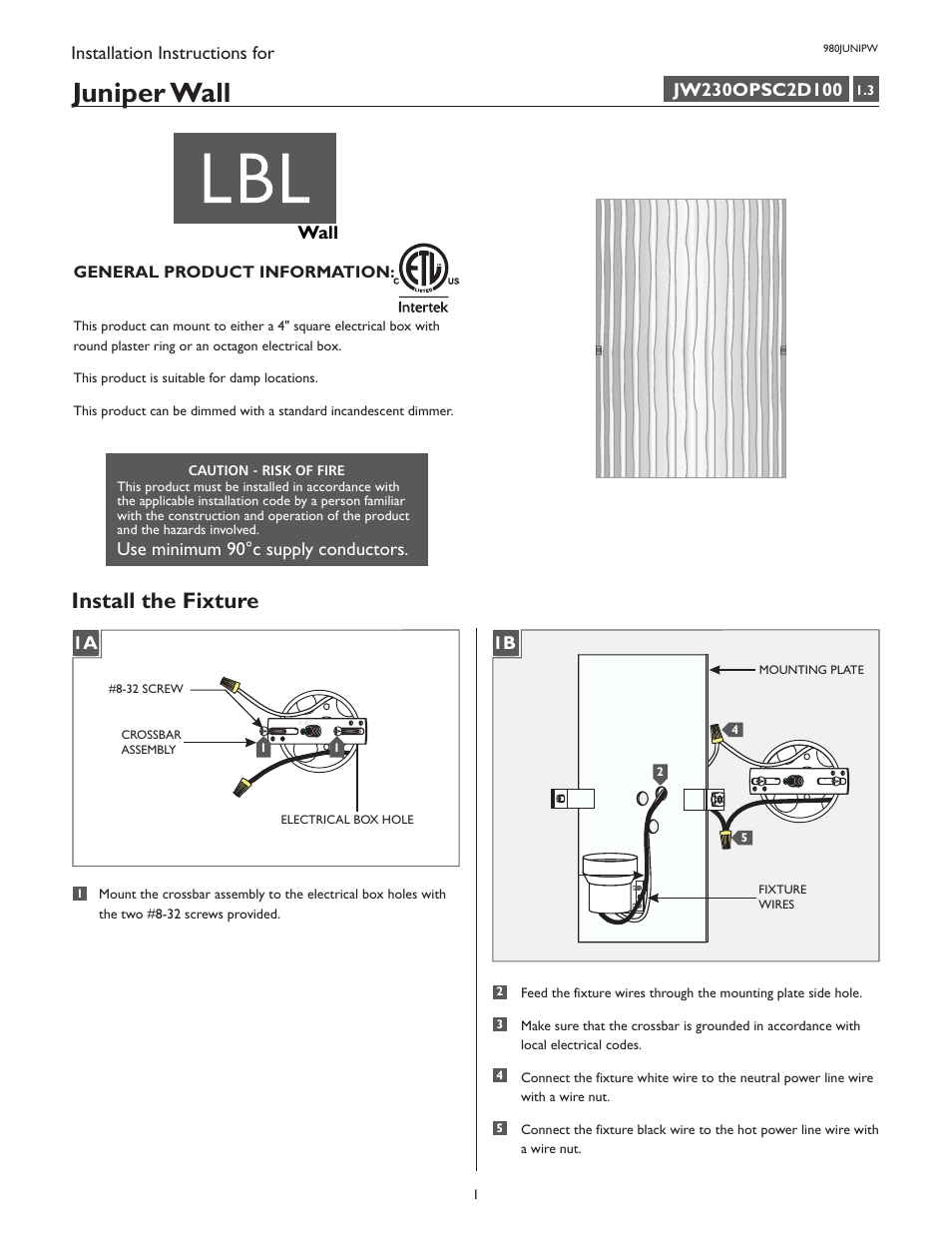 LBL Lighting Juniper W User Manual | 2 pages