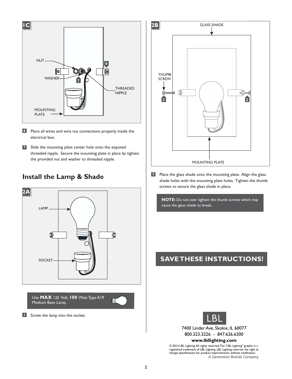 Install the lamp & shade, Save these instructions, 1c 2a | LBL Lighting Juniper W User Manual | Page 2 / 2