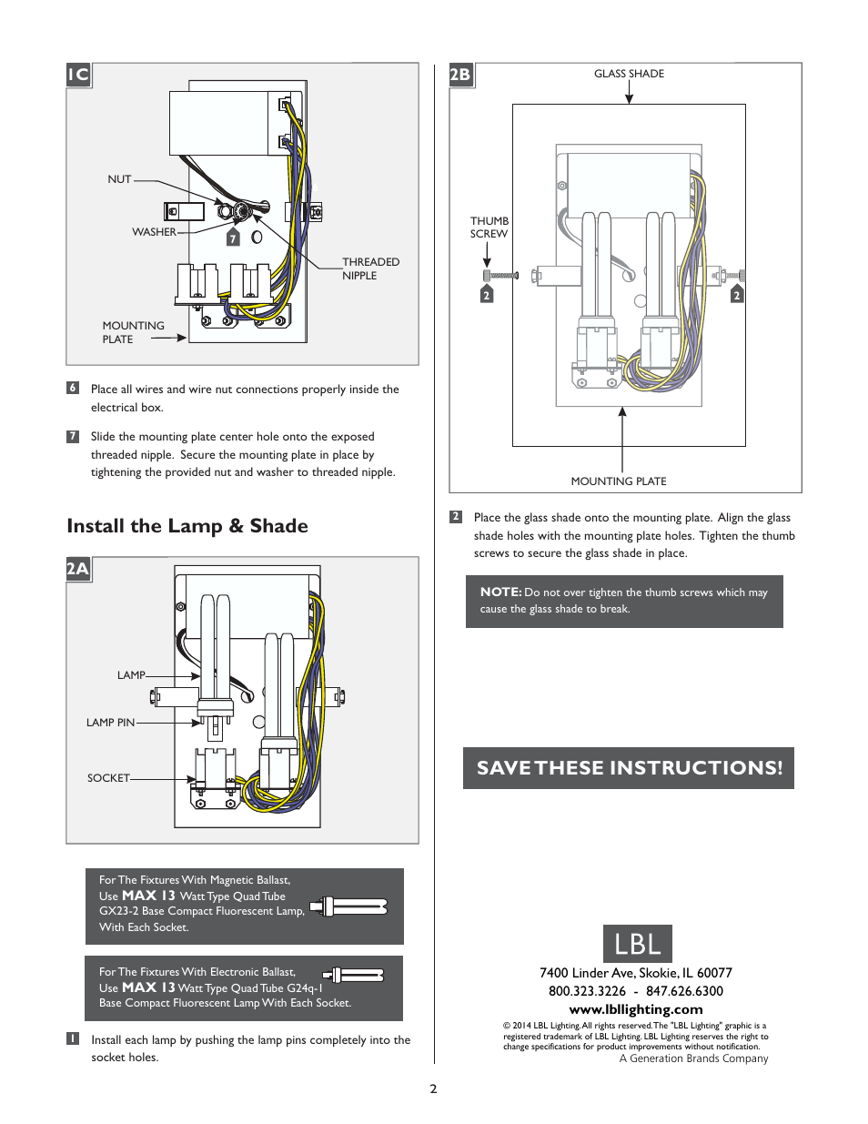 Install the lamp & shade, Save these instructions, 2a 1c | LBL Lighting Juniper WCF3 User Manual | Page 2 / 2