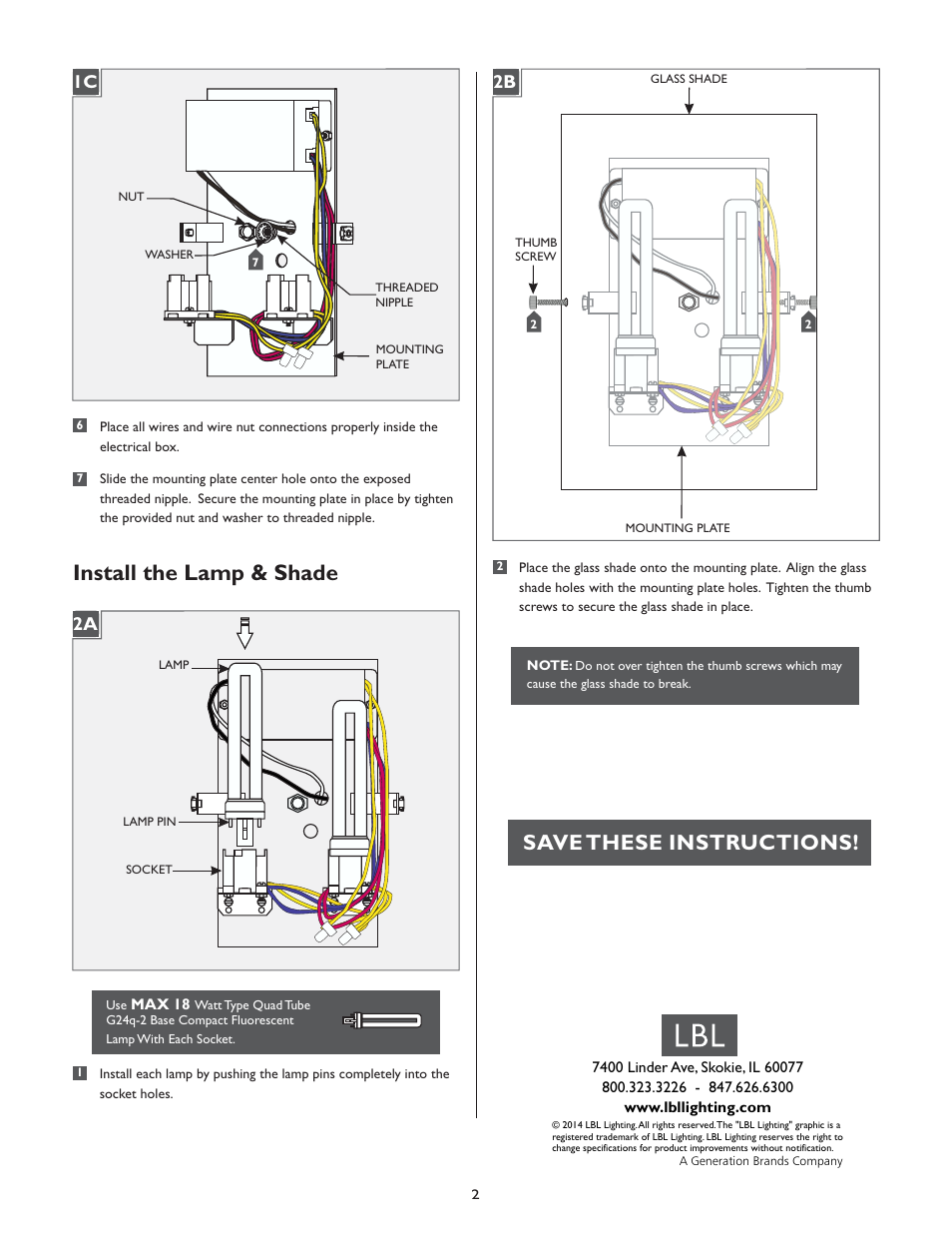 Install the lamp & shade, Save these instructions, 2a 1c | LBL Lighting Juniper WCF8 User Manual | Page 2 / 2