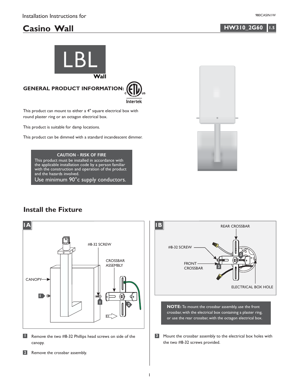 LBL Lighting Casino One User Manual | 4 pages