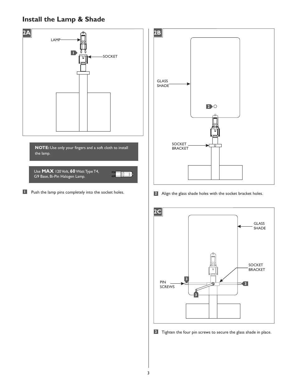 Install the lamp & shade, 2a 2b | LBL Lighting Casino One User Manual | Page 3 / 4