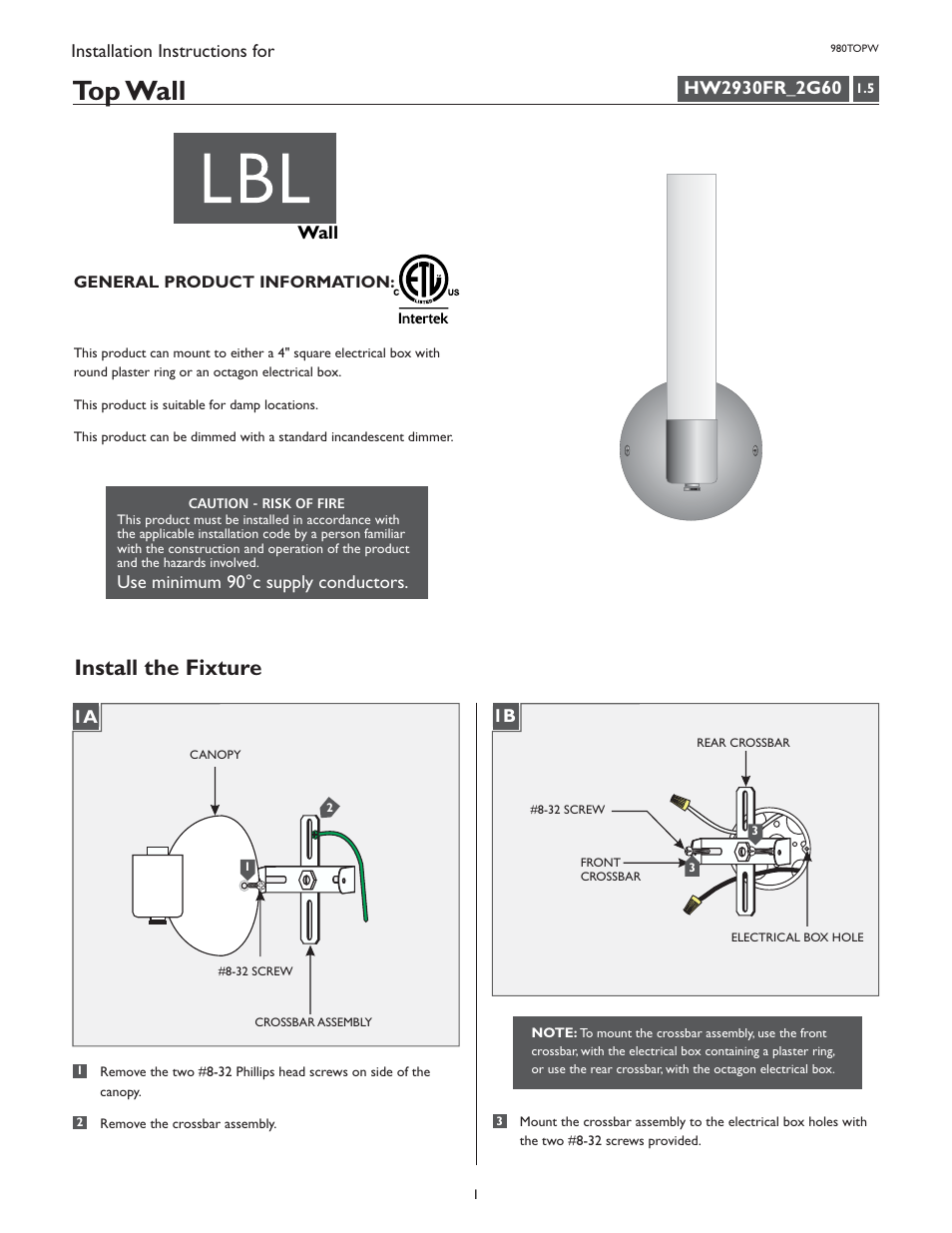 LBL Lighting Top W User Manual | 2 pages