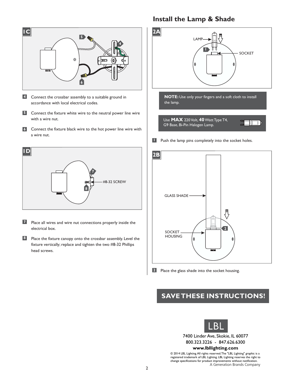 Install the lamp & shade, Save these instructions, 1d 1c 2a | LBL Lighting Top W User Manual | Page 2 / 2