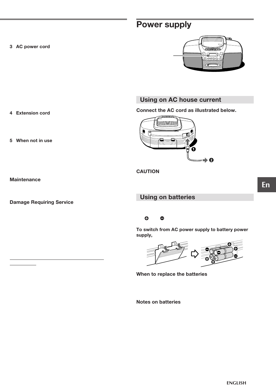 Power supply, Using on ac house current, Using on batteries | Aiwa CSD-TD28 User Manual | Page 3 / 10