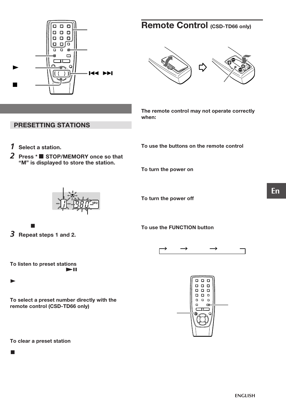 Remote control, Presetting stations | Aiwa CSD-TD28 User Manual | Page 5 / 10