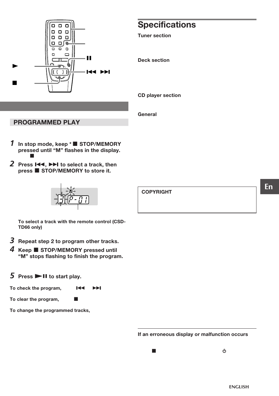 Specifications, Programmed play | Aiwa CSD-TD28 User Manual | Page 7 / 10