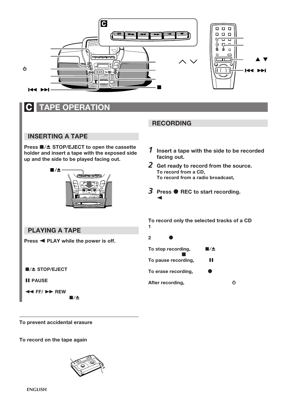 Tape operation, Inserting a tape, Playing a tape | Recording | Aiwa CSD-TD28 User Manual | Page 8 / 10