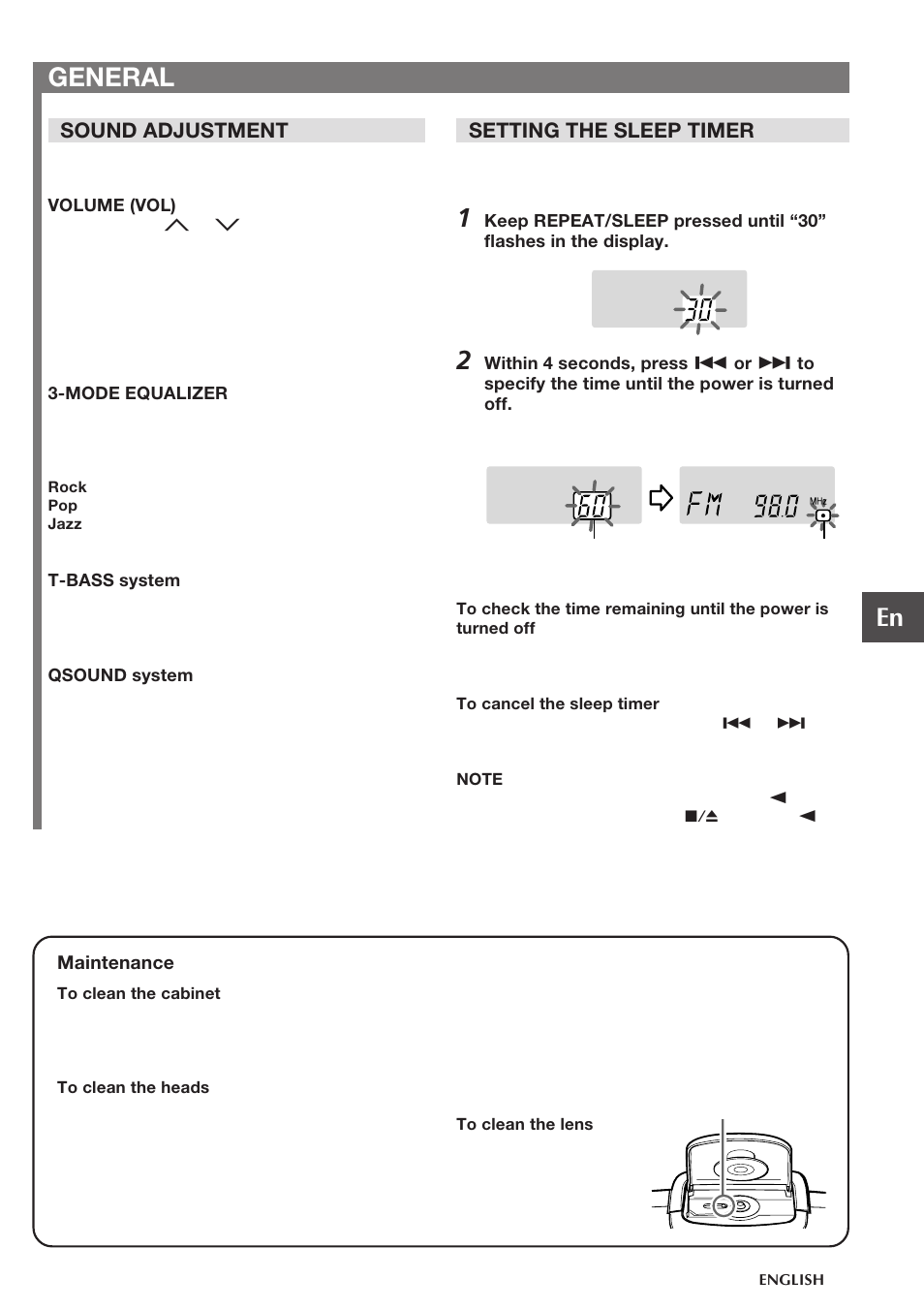 General, Setting the sleep timer, Sound adjustment | Aiwa CSD-TD28 User Manual | Page 9 / 10