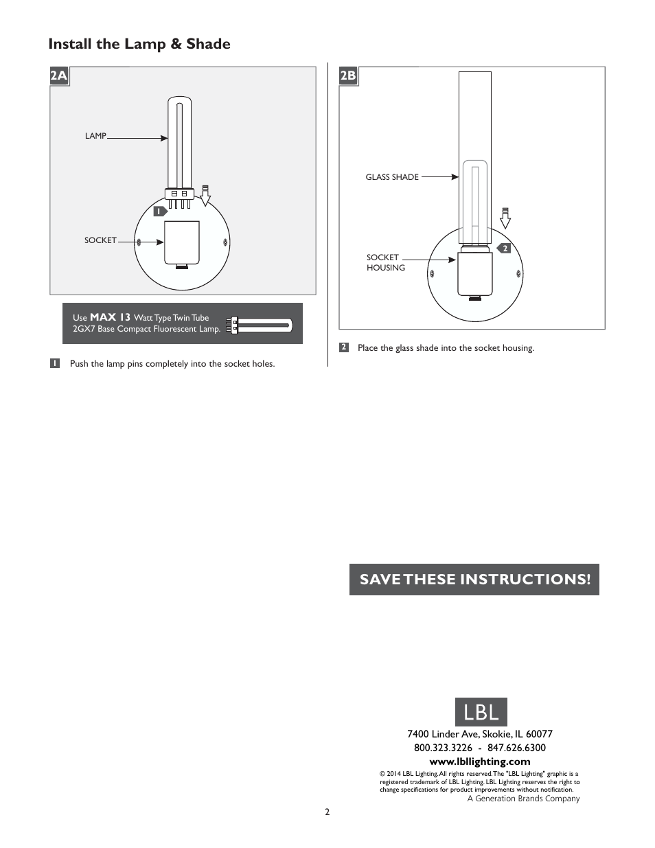 Install the lamp & shade, Save these instructions, 2a 2b | LBL Lighting Top WCF User Manual | Page 2 / 2