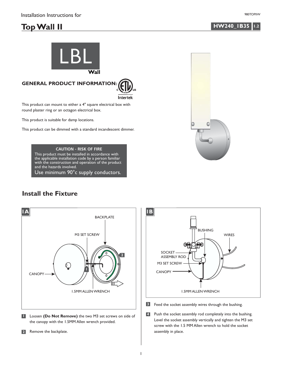 LBL Lighting Top II W User Manual | 4 pages