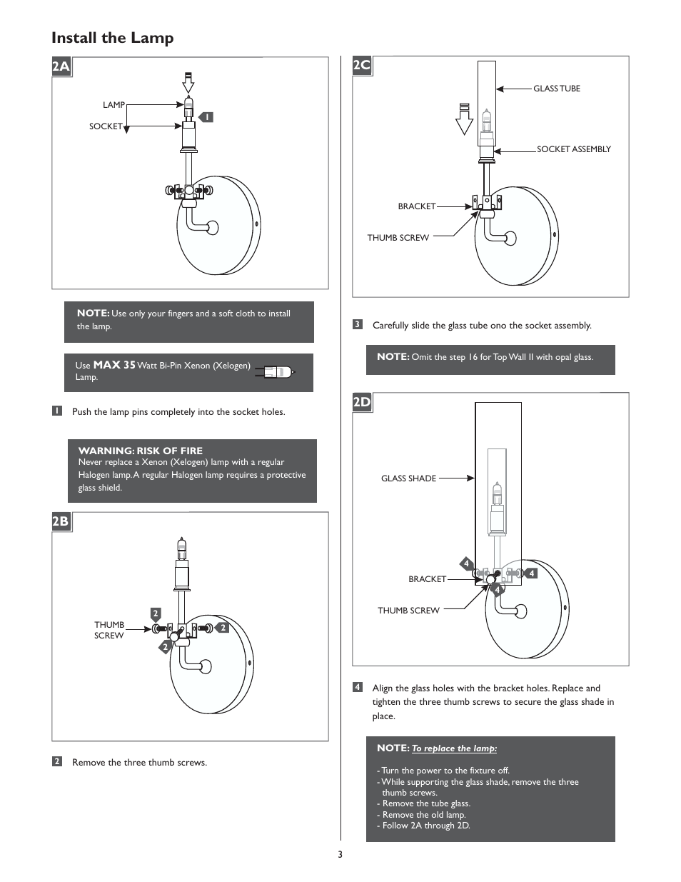 Install the lamp, 2c 2d 2a | LBL Lighting Top II W User Manual | Page 3 / 4