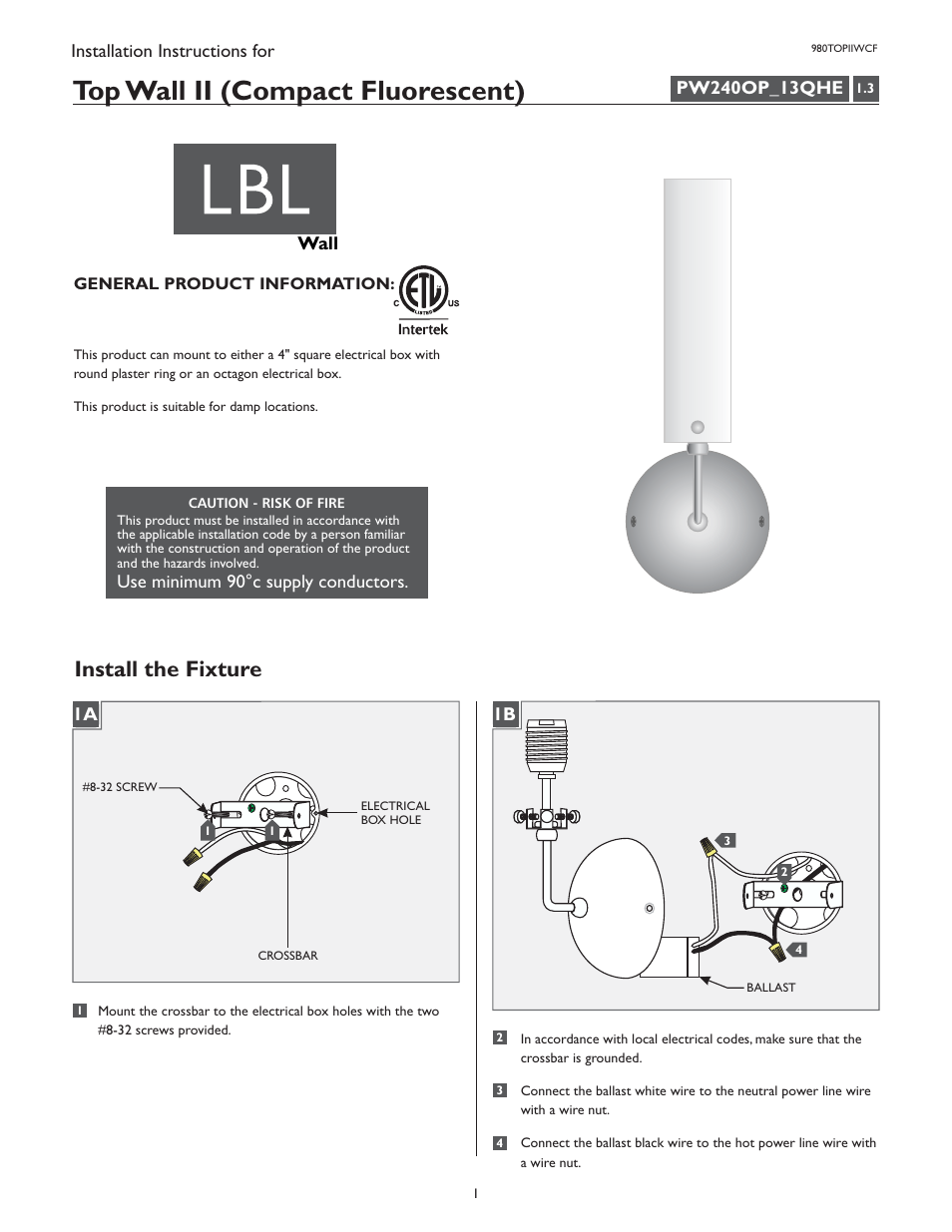LBL Lighting Top II W CF User Manual | 2 pages
