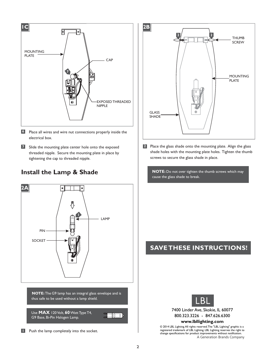 Install the lamp & shade, Save these instructions | LBL Lighting Linear W User Manual | Page 2 / 2