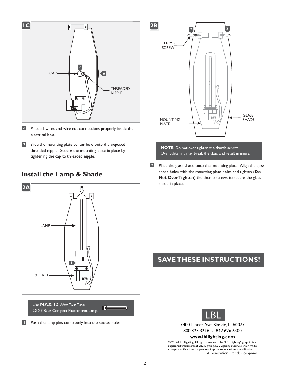 Install the lamp & shade, Save these instructions | LBL Lighting Linear WCF User Manual | Page 2 / 2