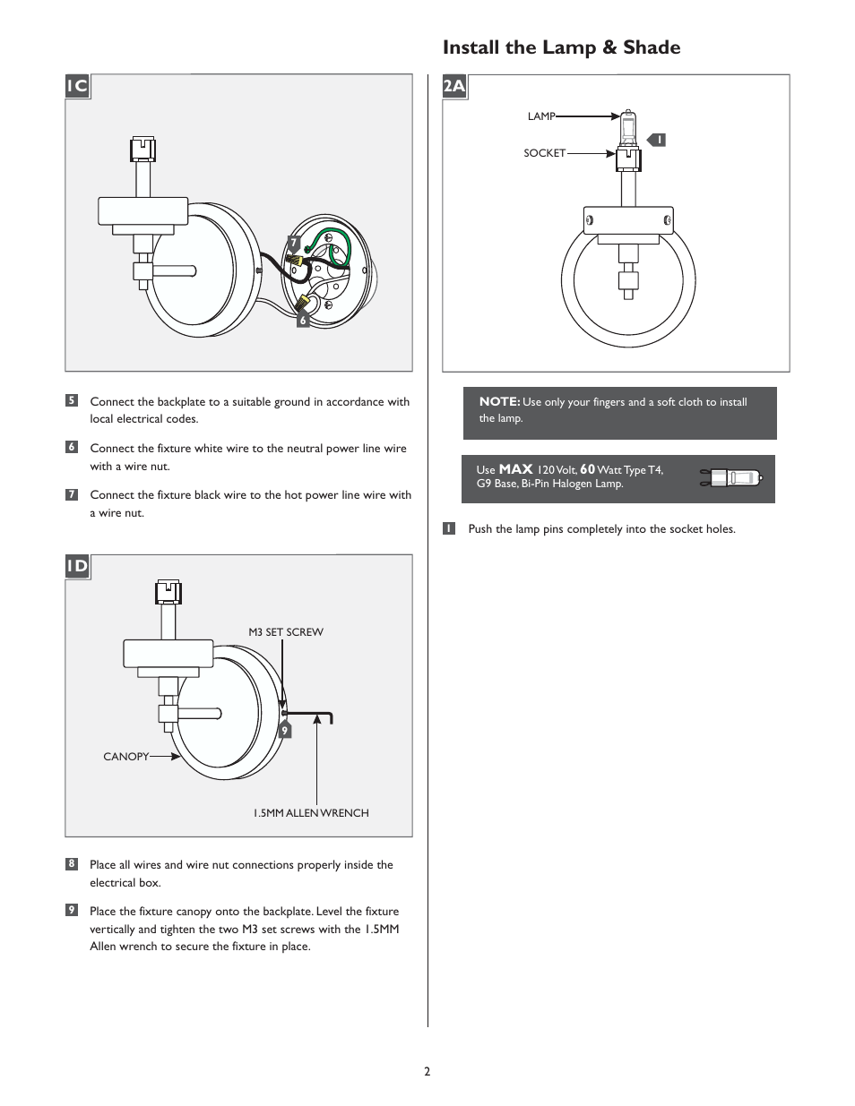 Install the lamp & shade, 1d 1c | LBL Lighting Max User Manual | Page 2 / 4