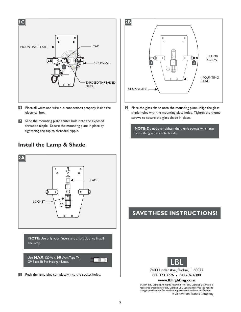 Install the lamp & shade, Save these instructions, 1c 2a | LBL Lighting Monty W User Manual | Page 2 / 2