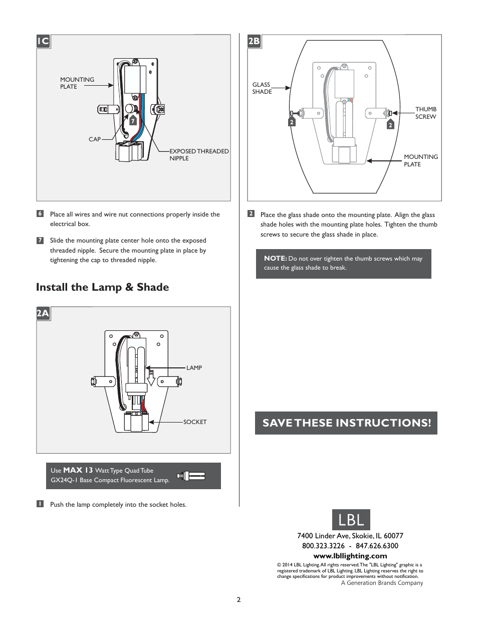 Install the lamp & shade, Save these instructions | LBL Lighting Monty WCF User Manual | Page 2 / 2