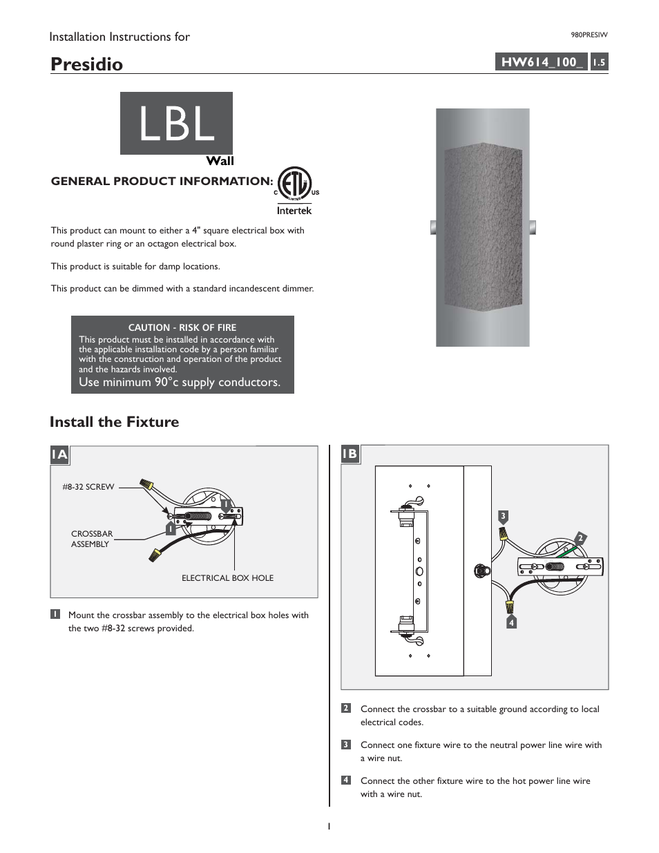 LBL Lighting Presidio W User Manual | 4 pages