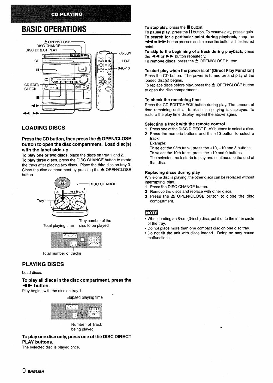 Basic operations, Loading discs, Playing discs | To check the remaining time, Selecting a track with the remote control, Replacing discs during play, Iliis'i 3 4 5« i | Aiwa CX-NV8000 User Manual | Page 10 / 76