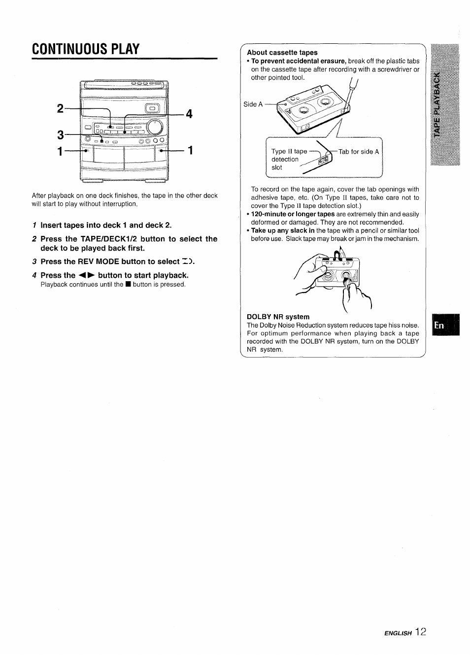 1 insert tapes into deck 1 and deck 2, 3 press the rev mode button to select d, 4 press the button to start playback | Continuous play 4 1, Lu 0 | Aiwa CX-NV8000 User Manual | Page 13 / 76