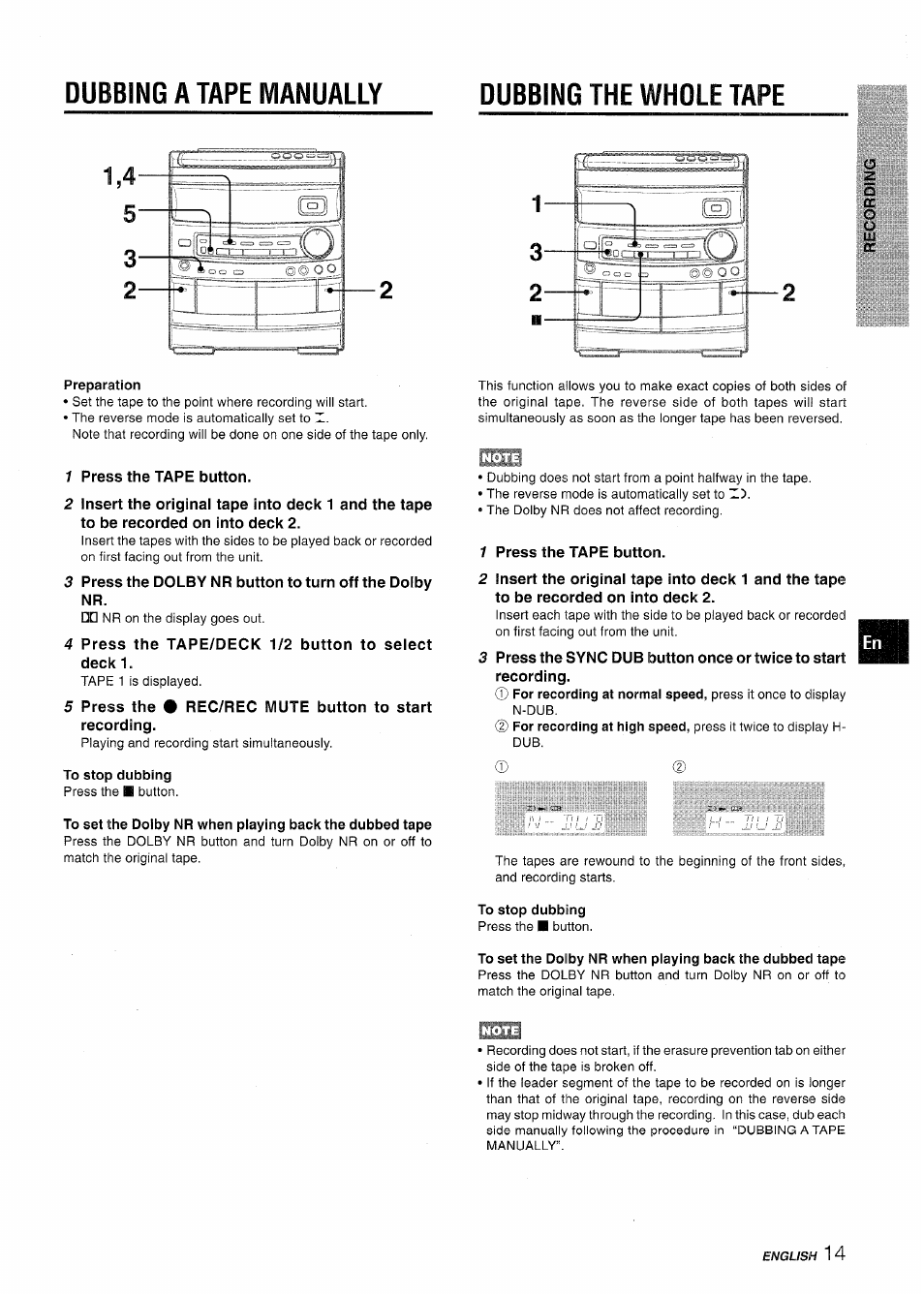 Dubbing a tape manually, Dubbing the whole tape, Preparation | To stop dubbing, Dubbing a tape manually dubbing the whole tape | Aiwa CX-NV8000 User Manual | Page 15 / 76