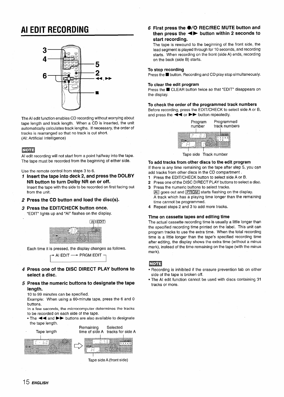 Al edit recording, To stop recording, To check the order of the programmed track numbers | Time on cassette tapes and editing time, I. i i, Al edit recording 5 2 | Aiwa CX-NV8000 User Manual | Page 16 / 76