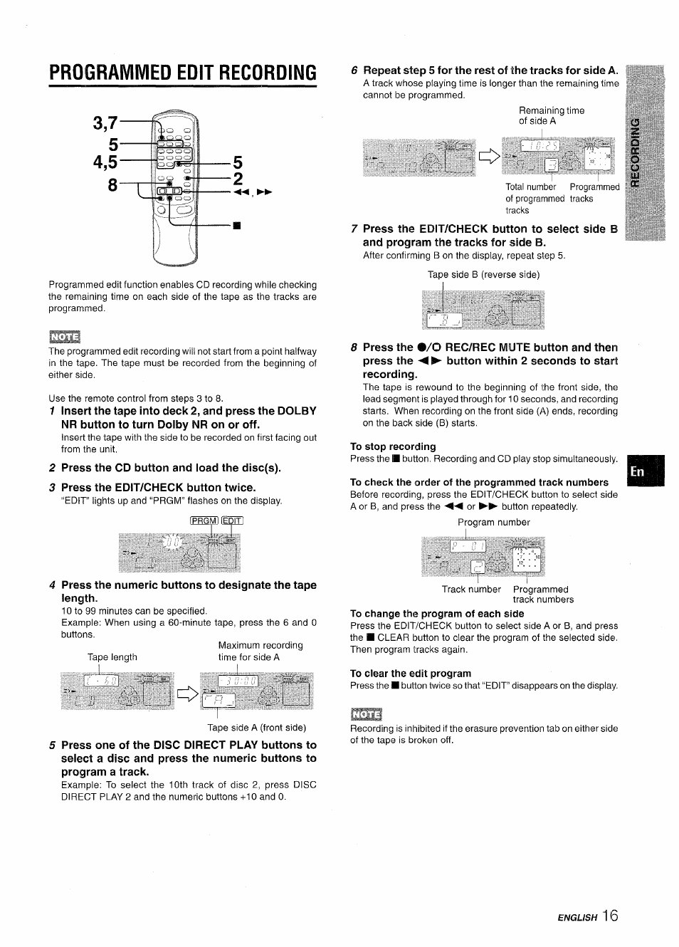 To stop recording, To check the order of the programmed track numbers, To change the program of each side | To clear the edit program, Prooraiviivied edit recording 5 2 | Aiwa CX-NV8000 User Manual | Page 17 / 76