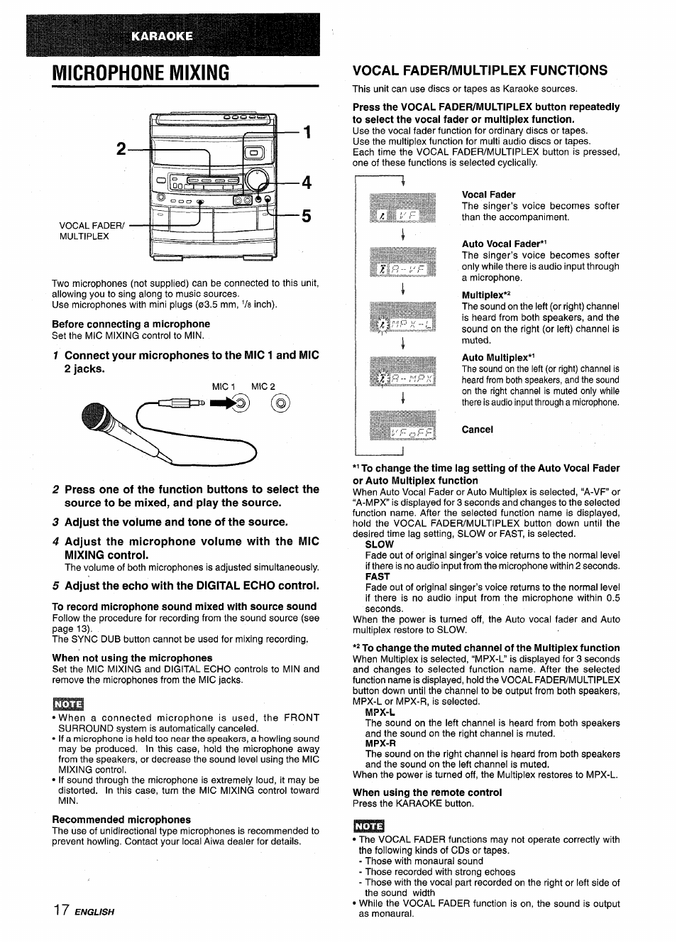 Araoke, Microphone mixing, 3 adjust the volume and tone of the source | 5 adjust the echo with the digital echo control, To record microphone sound mixed with source sound, Vocal fader/multiplex functions, Vocal fader, Auto vocal fader, Cancel, Slow | Aiwa CX-NV8000 User Manual | Page 18 / 76