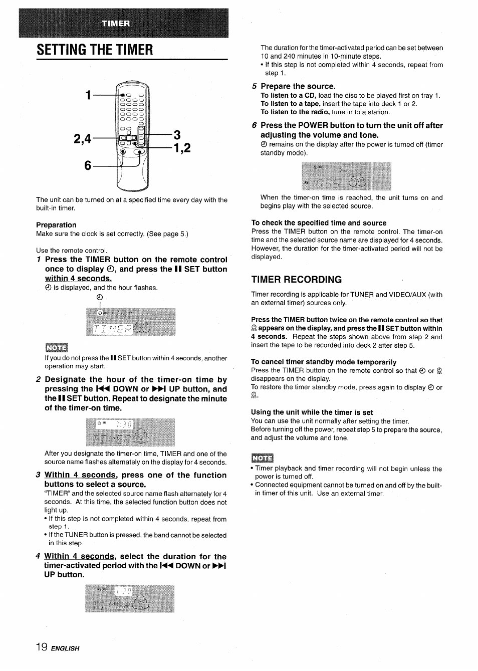 Preparation, To check the specified time and source, Timer recording | To cancel timer standby mode temporarily, Using the unit while the timer is set, Setting the timer 3 1,2 | Aiwa CX-NV8000 User Manual | Page 20 / 76