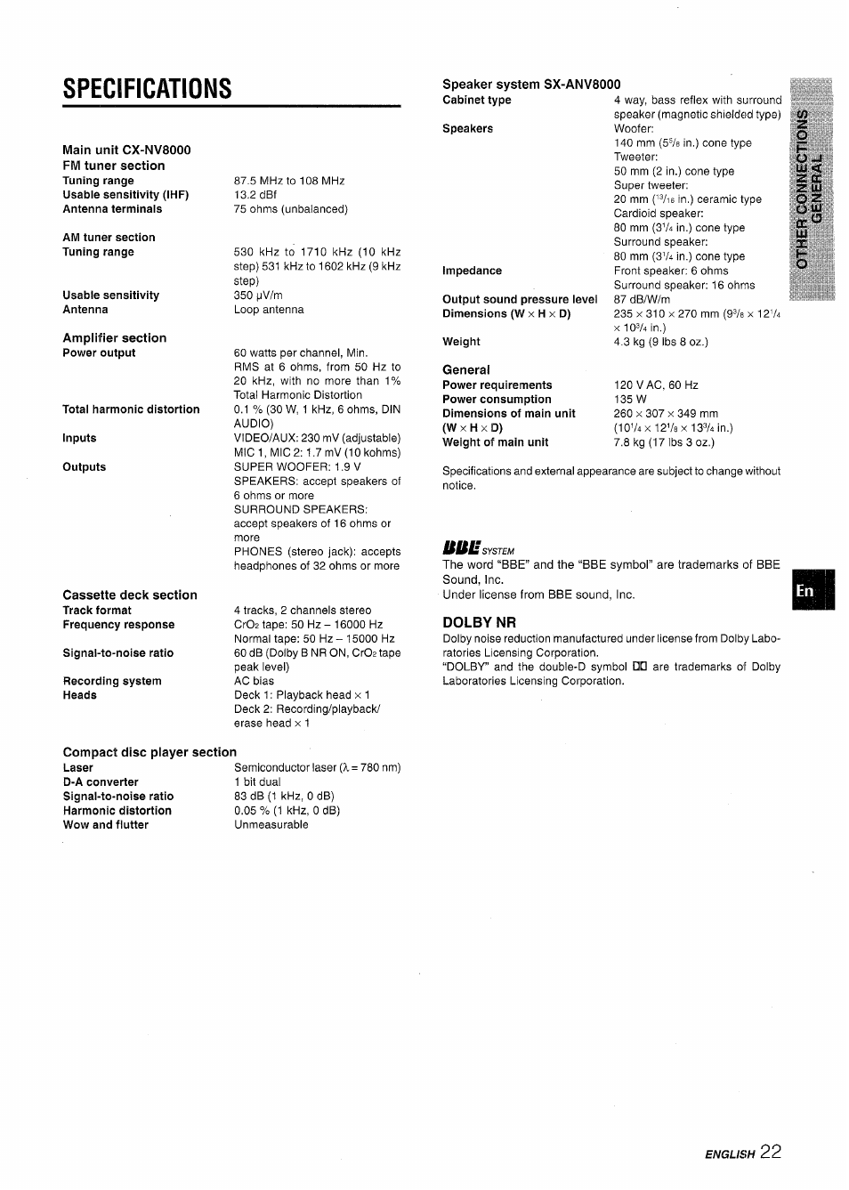 Specifications, Speaker system sx-anv8000, General | Dolby nr, Compact disc player section | Aiwa CX-NV8000 User Manual | Page 23 / 76