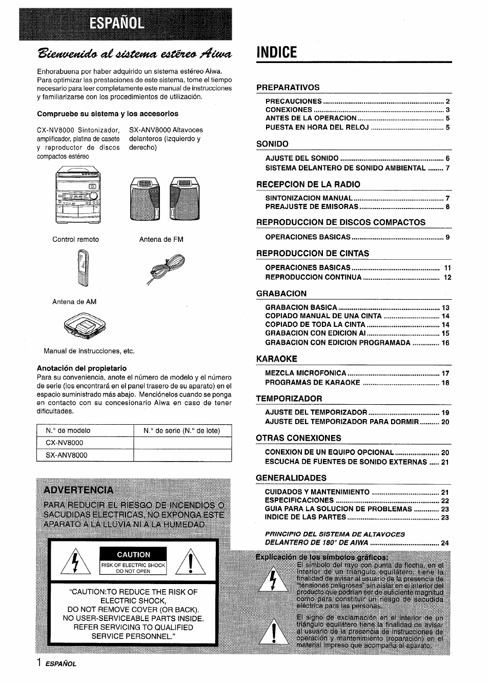 Español, Indice, Scetwe^udo^ oí44>âtemci | Advertencia | Aiwa CX-NV8000 User Manual | Page 26 / 76