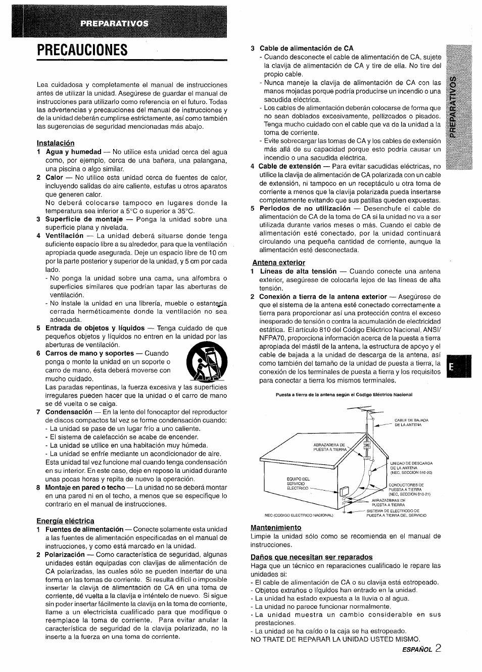 Precauciones, Antena exterior, Mantenimiento | Daños que necesitan ser reparados | Aiwa CX-NV8000 User Manual | Page 27 / 76