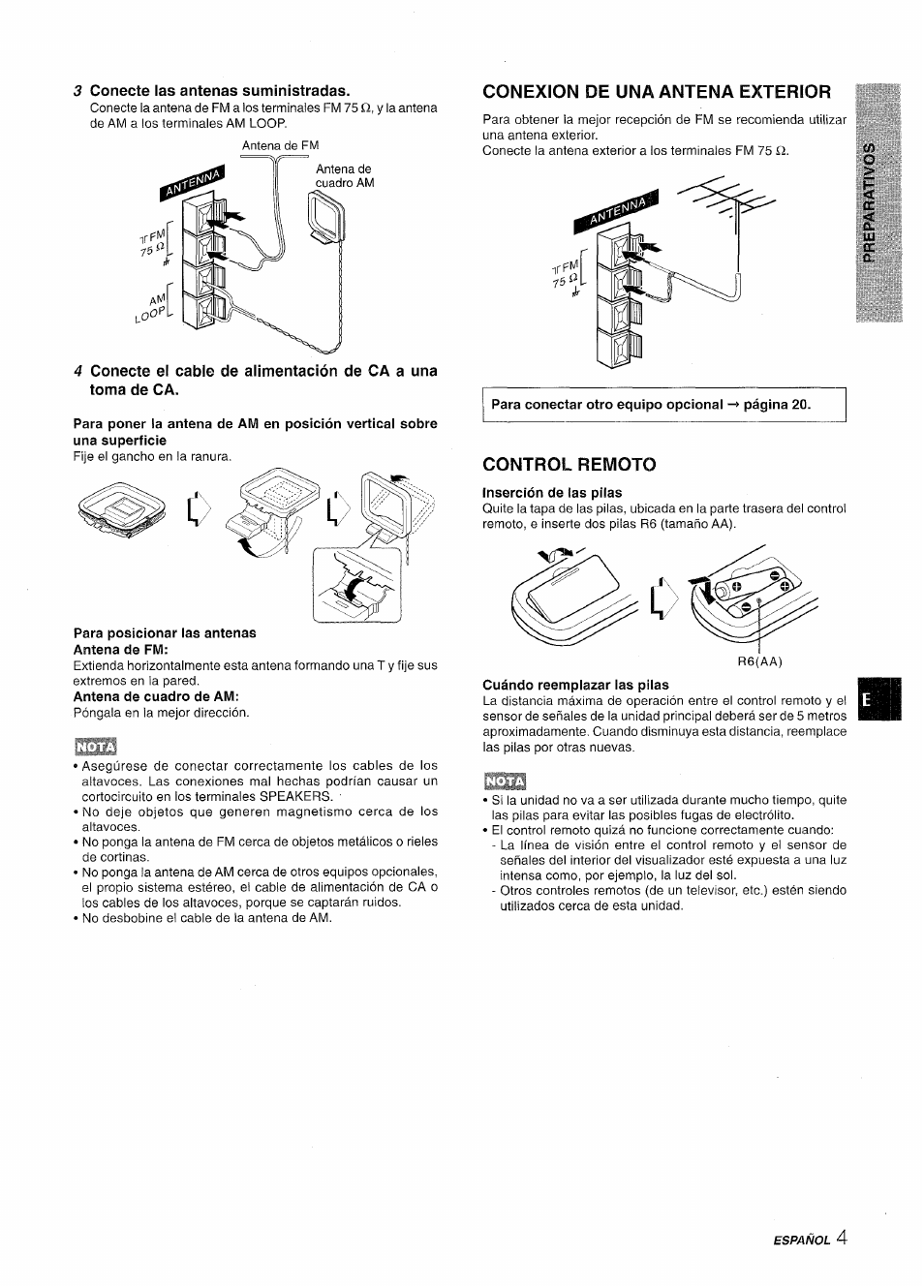 3 conecte las antenas suministradas, Conexion de una antena exterior, Control remoto | Inserción de las pilas | Aiwa CX-NV8000 User Manual | Page 29 / 76