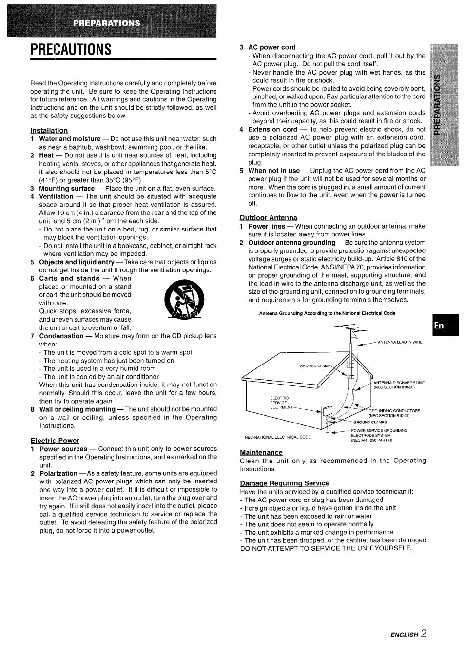 Precautions, Installation, O ir | Qc o | Aiwa CX-NV8000 User Manual | Page 3 / 76