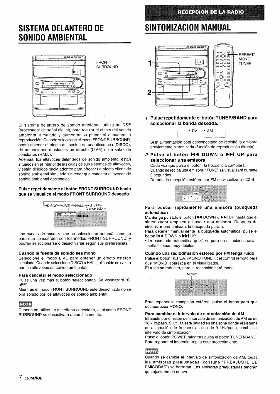 Sistema delantero de sonido ambiental, Cuando la fuente de sonido sea mono, Para cancelar el modo seleccionado | Sintonizacion manual, Para cambiar ei intervaio de sintonización de am | Aiwa CX-NV8000 User Manual | Page 32 / 76