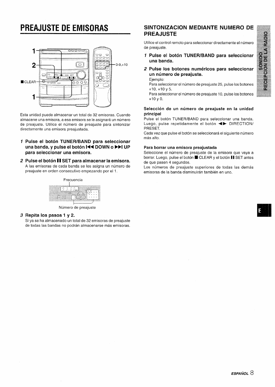 Preajuste de emisoras, 2 pulse el botón 11 set para almacenar la emisora, Sintonizacion mediante numero de preajuste | Para borrar una emisora preajustada, 3 repita los pasos 1 y 2 | Aiwa CX-NV8000 User Manual | Page 33 / 76